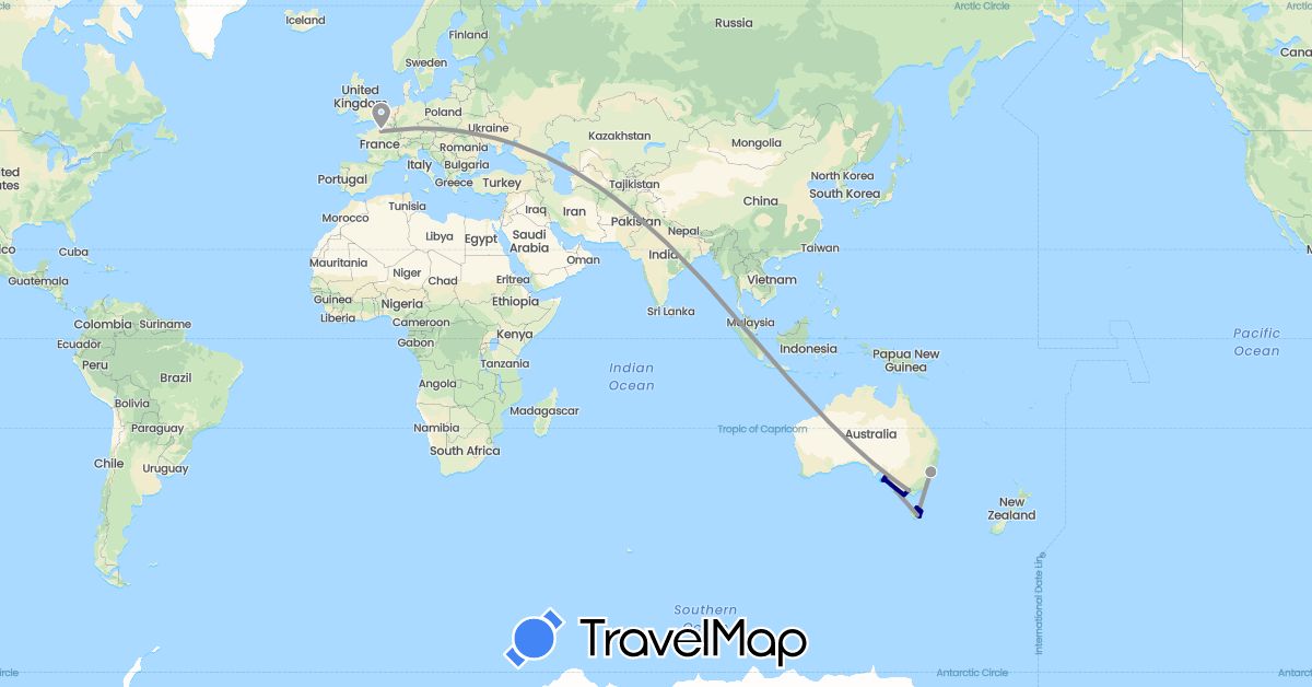 TravelMap itinerary: driving, plane, boat in Australia, France (Europe, Oceania)